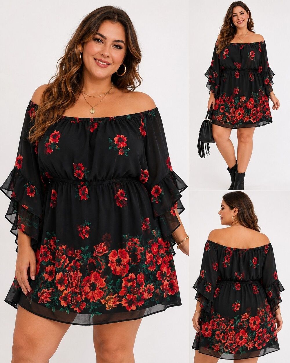 Blush 1X Black Floral Peasant Tunic Top/Dress Boho Romantic Cottagecore Ruffle